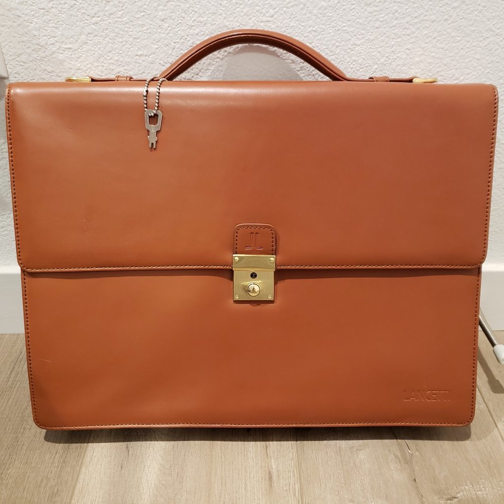 NEW) LANCETTI Leather Briefcase. Camel. Italian brand